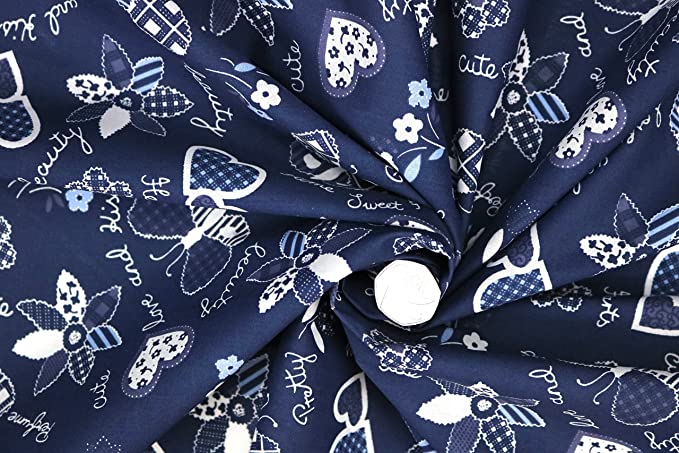 Pyrhan Butterfly Patchwork Hearts Patterned Printed Fabric -45 Inch Wide Polycotton Fabric Per Metre- Similar to 100% Cotton - Quilting Fabric Used in Sewing Kits and Accessories.