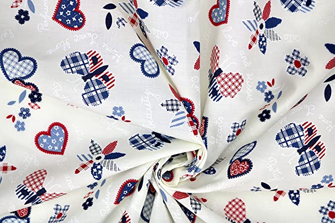 Pyrhan Butterfly Patchwork Hearts Patterned Printed Fabric -45 Inch Wide Polycotton Fabric Per Metre- Similar to 100% Cotton - Quilting Fabric Used in Sewing Kits and Accessories.