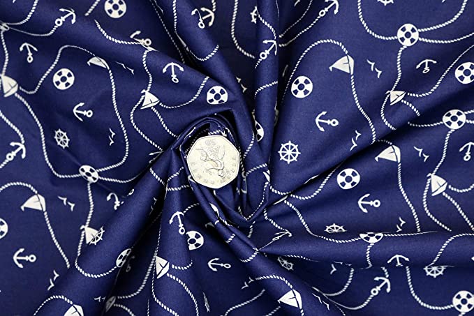 Pyrhan Nautical Anchor Patterned Polycotton Prints –Similar to 100% Cotton Fabric by Metre -45 inches Wide Perfect Fabric Material for Sewing for Beach Projects- Fabric by Metre Clearance.