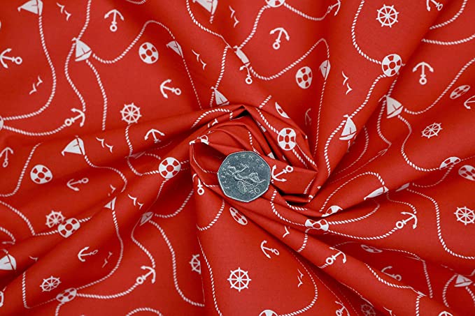 Pyrhan Nautical Anchor Patterned Polycotton Prints –Similar to 100% Cotton Fabric by Metre -45 inches Wide Perfect Fabric Material for Sewing for Beach Projects- Fabric by Metre Clearance.