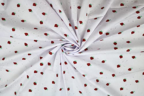 Pyrhan Printed Strawberry Embroided Floral Polycotton Prints | 45 Inch Wide Dress Craft Fabric Material by The Metre | Floral Polycotton Print Used in Sewing Kit and Accessories (Little Strawberry)