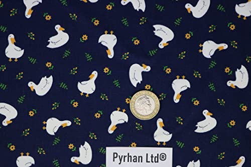 Pyrhan Cute Ducks with Floral 100% Pure Cotton Prints – 45 inches (114 cm Approx) Wide Fabric Sold by The metre - Perfect for Sewing Projects and Dress Making. (Navy)
