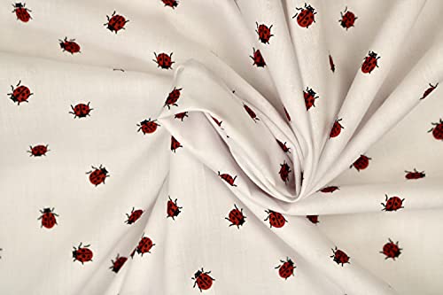 Pyrhan White Lady Bug Digital Polycotton Prints –45 Inch Wide Dress Fabric Material by The Metre -Floral Polycotton Print Used in Sewing Kit and Accessories-Quilting Fabric