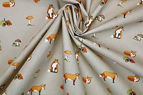 Pyrhan Polycotton Fox Patterned Printed Fabric -45 Inch Wide Polycotton Fabric Per Metre- Similar to 100% Cotton - Quilting Fabric Used in Sewing Kits and Accessories