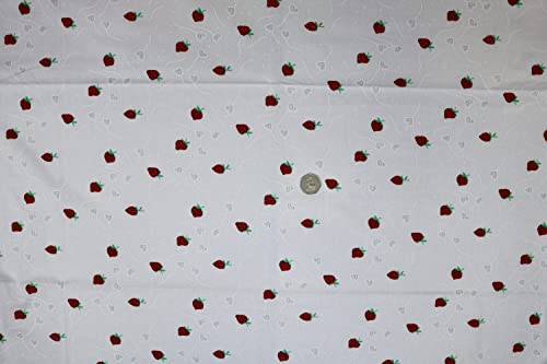 Pyrhan Printed Strawberry Embroided Floral Polycotton Prints | 45 Inch Wide Dress Craft Fabric Material by The Metre | Floral Polycotton Print Used in Sewing Kit and Accessories (Little Strawberry)