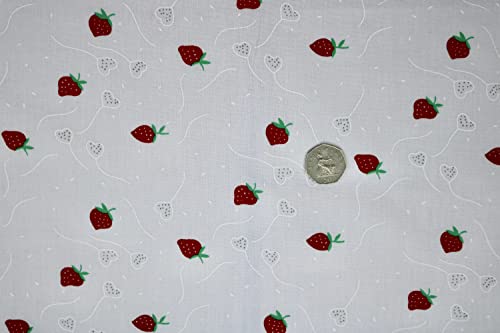Pyrhan Printed Strawberry Embroided Floral Polycotton Prints | 45 Inch Wide Dress Craft Fabric Material by The Metre | Floral Polycotton Print Used in Sewing Kit and Accessories (Little Strawberry)