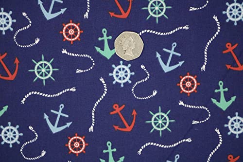 Pyrhan Nautical Anchor Navy Sailor Polycotton Prints | 45 Inch Wide Dress Craft Fabric Material by The Metre | Floral Polycotton Print Used in Sewing Kit and Accessories-Quilting Fabric (Navy)