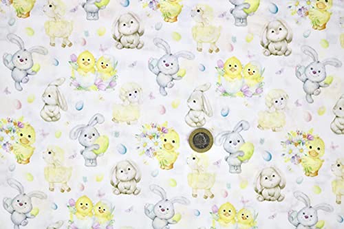 Pyrhan Cute Bunnies Polycotton Prints –45 Inch Wide Dress Fabric Material by The Metre -Floral Polycotton Print Used in Sewing Kit and Accessories-Quilting Fabric