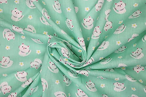 Pyrhan Little Cute Kitten Polycotton Prints –45 Inch Wide Dress Fabric Material by The Metre -Floral Polycotton Print Used in Sewing Kit and Accessories-Quilting Fabric (Mint)