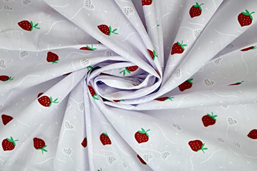 Pyrhan Printed Strawberry Embroided Floral Polycotton Prints | 45 Inch Wide Dress Craft Fabric Material by The Metre | Floral Polycotton Print Used in Sewing Kit and Accessories (Little Strawberry)