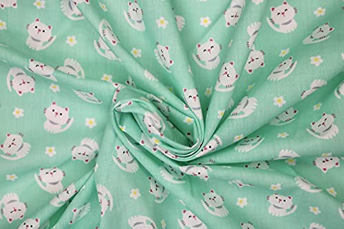 Pyrhan Little Cute Kitten Polycotton Prints –45 Inch Wide Dress Fabric Material by The Metre -Floral Polycotton Print Used in Sewing Kit and Accessories-Quilting Fabric (Mint)