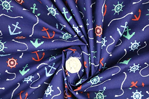 Pyrhan Anchor Patterned Polycotton Prints –Similar to 100% Cotton Fabric by Metre -45 inches Wide Perfect Fabric Material for Sewing for Beach Theme Projects- Fabric by Metre Clearance.