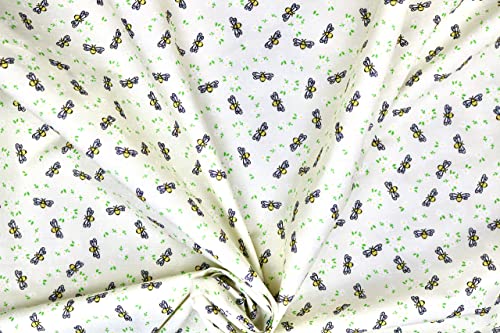 Pyrhan Polycotton Bees with Little Daisy Floral Printed Fabric by The Metre 45 Inch Wide Poly Cotton Fabric - Can be Used in Sewing Mask, Quilting, Dress Fabric, and Accessories (Cream)