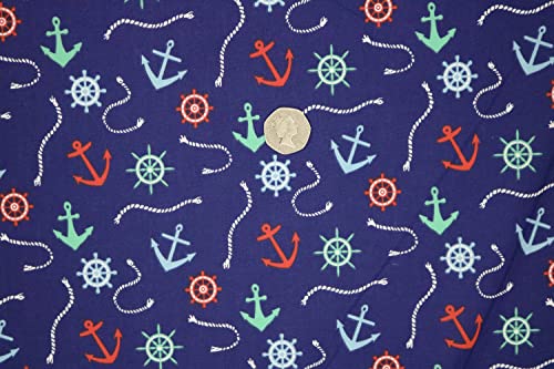 Pyrhan Nautical Anchor Navy Sailor Polycotton Prints | 45 Inch Wide Dress Craft Fabric Material by The Metre | Floral Polycotton Print Used in Sewing Kit and Accessories-Quilting Fabric (Navy)