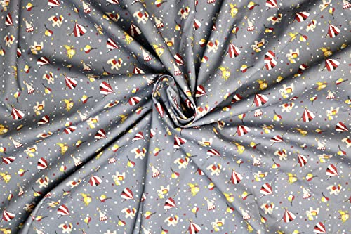Pyrhan Elephant Lion Circus Balloons Stars 100% Pure Cotton Prints – 45 inches Wide Fabric Sold by The metre - Perfect for Sewing Projects and Dress Making (Grey)