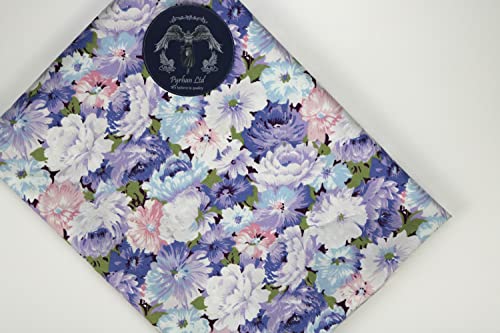 Pyrhan Rose Peony Daisy Floral 100% Pure Cotton Prints – 45 inches (112 cm Approx) Wide Fabric Sold by The metre - Perfect for Sewing Projects and Dress Making. (Blue Brown)