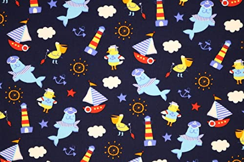 Pyrhan Sailer Seal Anchor Ocean Light Tower 100% Pure Cotton Prints – 45 inches (114 cm Approx) Wide Fabric Sold by The metre - Perfect for Sewing Projects and Dress Making (Navy)