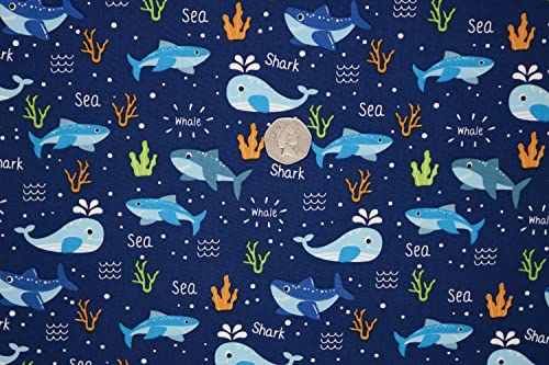 Pyrhan 100% Cotton Fabric by Rose & Hubble | Shark & Whales in Ocean Printed Cotton Fabric by The Metre UK |45 inches (114 cm)| Crafting Fabric & Dressmaking Fabric | Dress Fabric Material (Navy)