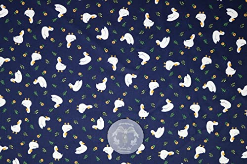 Pyrhan Cute Ducks with Floral 100% Pure Cotton Prints – 45 inches (114 cm Approx) Wide Fabric Sold by The metre - Perfect for Sewing Projects and Dress Making. (Navy)