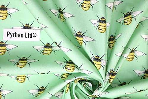 Pyrhan Bumble Honey Bee I Love MCR 100% Pure Cotton Prints – 45 inches (114 cm Approx) Wide Fabric Sold by The metre - Perfect for Sewing Projects and Dress Making. (Green)
