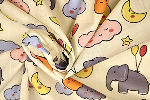 Pyrhan Flying Elephant Dumbo Digital Polycotton Prints –45 Inch Wide Dress Fabric Material by The Metre -Floral Polycotton Print Used in Sewing Kit and Accessories-Quilting Fabric (Ivory)