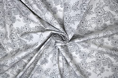 Pyrhan Floral Roses Pencil Sketch Polycotton Prints –Polycotton Fabric Similar to 100% Cotton Prints- Material by The Metre -Floral Polycotton Print Used in Sewing Kit and Accessories-Quilting Fabric