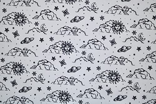 Pyrhan Libby Art & Craft Polycotton Astronomical & Mystical Moon Face Sun Face Clouds Stars Prints –45 Inch Wide Dress Fabric Material by The Metre -Floral Polycotton Print Used in Sewing Kit (Sky)