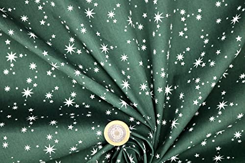 Pyrhan Sparkling Stars Christmas Polycotton Prints | 45 Inch Wide Dress Craft Fabric Material by The Metre | Polycotton Print Used in Sewing Kit and Accessories-Quilting Fabric (Green)