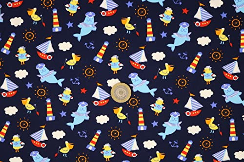 Pyrhan Sailer Seal Anchor Ocean Light Tower 100% Pure Cotton Prints – 45 inches (114 cm Approx) Wide Fabric Sold by The metre - Perfect for Sewing Projects and Dress Making (Navy)