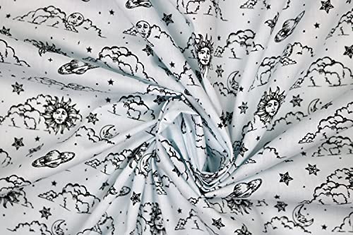Pyrhan Libby Art & Craft Polycotton Astronomical & Mystical Moon Face Sun Face Clouds Stars Prints –45 Inch Wide Dress Fabric Material by The Metre -Floral Polycotton Print Used in Sewing Kit (Sky)