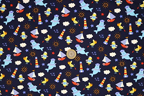 Pyrhan Sailer Seal Anchor Ocean Light Tower 100% Pure Cotton Prints – 45 inches (114 cm Approx) Wide Fabric Sold by The metre - Perfect for Sewing Projects and Dress Making (Navy)
