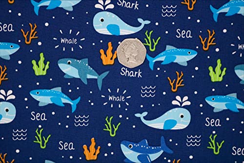 Pyrhan 100% Cotton Fabric by Rose & Hubble | Shark & Whales in Ocean Printed Cotton Fabric by The Metre UK |45 inches (114 cm)| Crafting Fabric & Dressmaking Fabric | Dress Fabric Material (Navy)