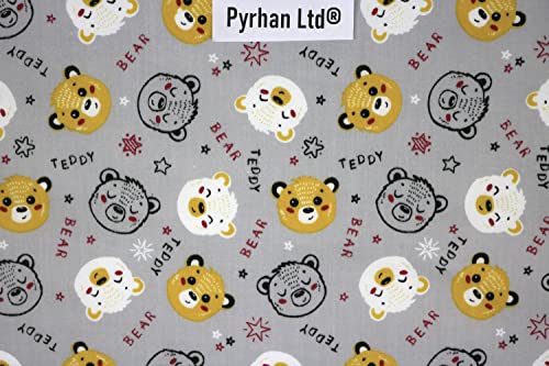 Pyrhan Teddy Bear with Stars Polycotton Prints | 45 Inch Wide Dress Craft Fabric Material by The Metre | Floral Polycotton Print Used in Sewing Kit and Accessories-Quilting Fabric (Grey)