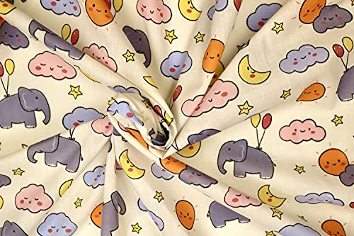Pyrhan Flying Elephant Dumbo Digital Polycotton Prints –45 Inch Wide Dress Fabric Material by The Metre -Floral Polycotton Print Used in Sewing Kit and Accessories-Quilting Fabric (Ivory)