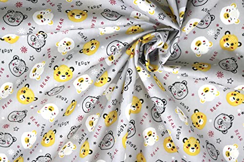 Pyrhan Teddy Bear with Stars Polycotton Prints | 45 Inch Wide Dress Craft Fabric Material by The Metre | Floral Polycotton Print Used in Sewing Kit and Accessories-Quilting Fabric (Grey)