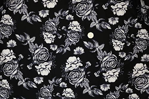 Pyrhan Wide Rose Sketch 100% Pure Cotton Prints – 58 inches Wide Fabric Sold by The metre - Perfect for Sewing Projects and Dress Making (Black)