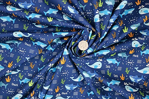 Pyrhan 100% Cotton Fabric by Rose & Hubble | Shark & Whales in Ocean Printed Cotton Fabric by The Metre UK |45 inches (114 cm)| Crafting Fabric & Dressmaking Fabric | Dress Fabric Material (Navy)