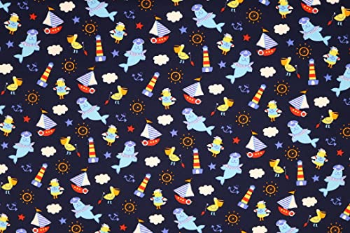 Pyrhan Sailer Seal Anchor Ocean Light Tower 100% Pure Cotton Prints – 45 inches (114 cm Approx) Wide Fabric Sold by The metre - Perfect for Sewing Projects and Dress Making