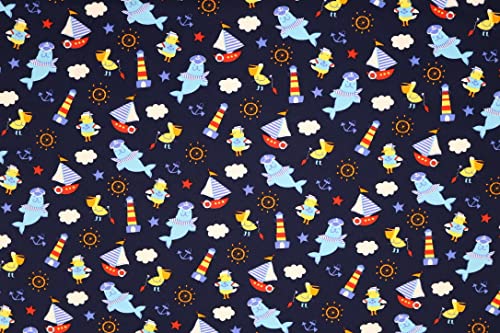 Pyrhan Sailer Seal Anchor Ocean Light Tower 100% Pure Cotton Prints – 45 inches (114 cm Approx) Wide Fabric Sold by The metre - Perfect for Sewing Projects and Dress Making (Navy)