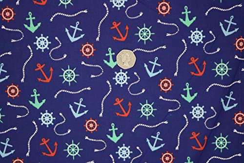Pyrhan Nautical Anchor Navy Sailor Polycotton Prints | 45 Inch Wide Dress Craft Fabric Material by The Metre | Floral Polycotton Print Used in Sewing Kit and Accessories-Quilting Fabric (Navy)