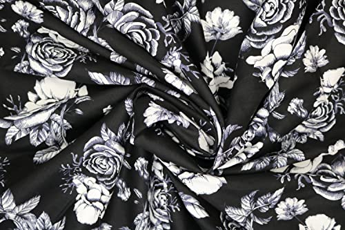 Pyrhan Wide Rose Sketch 100% Pure Cotton Prints – 58 inches Wide Fabric Sold by The metre - Perfect for Sewing Projects and Dress Making (Black)