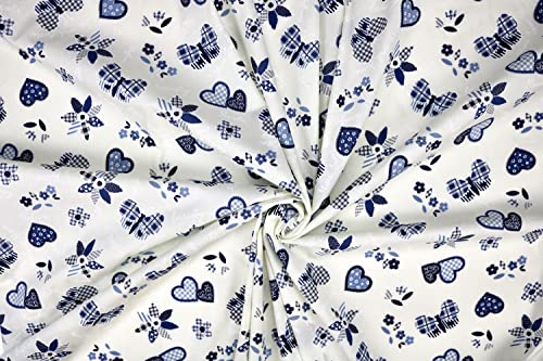 Pyrhan Butterfly Patchwork Hearts Patterned Printed Fabric -45 Inch Wide Polycotton Fabric Per Metre- Similar to 100% Cotton - Quilting Fabric Used in Sewing Kits and Accessories (Ivory-Blue)