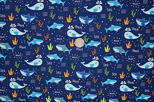 Pyrhan 100% Cotton Fabric by Rose & Hubble | Shark & Whales in Ocean Printed Cotton Fabric by The Metre UK |45 inches (114 cm)| Crafting Fabric & Dressmaking Fabric | Dress Fabric Material (Navy)