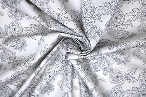 Pyrhan Floral Roses Pencil Sketch Polycotton Prints –Polycotton Fabric Similar to 100% Cotton Prints- Material by The Metre -Floral Polycotton Print Used in Sewing Kit and Accessories-Quilting Fabric