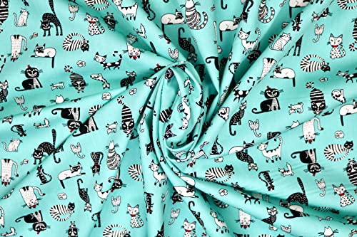 Pyrhan 100% Cotton Poplin by Rose & Hubble | Cute Funny Crazy Sleepy Cats Printed Cotton Fabric by The Metre UK | 114 Cm | Crafting & Dressmaking Fabric | Dress Fabric Material for Sewing.