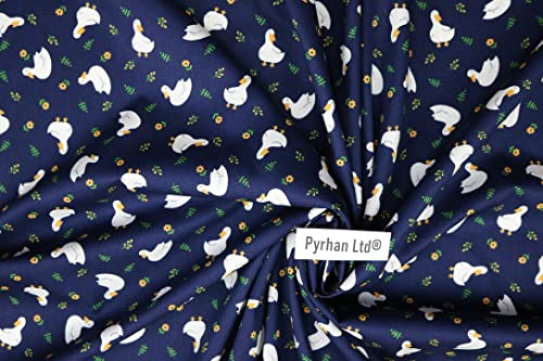 Pyrhan Cute Ducks with Floral 100% Pure Cotton Prints – 45 inches (114 cm Approx) Wide Fabric Sold by The metre - Perfect for Sewing Projects and Dress Making. (Navy)