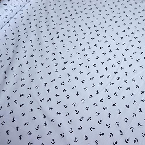 White Polycotton Fabric with Navy Blue Anchor Nautical Print (Per Metre)