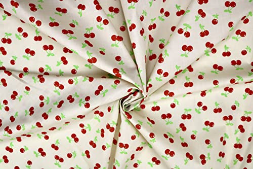 Pyrhan Cherries Polycotton Prints | 45 Inch Wide Dress Craft Fabric Material by The Metre | Floral Polycotton Print Used in Sewing Kit and Accessories-Quilting Fabric
