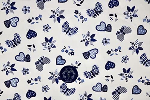 Pyrhan Butterfly Patchwork Hearts Patterned Printed Fabric -45 Inch Wide Polycotton Fabric Per Metre- Similar to 100% Cotton - Quilting Fabric Used in Sewing Kits and Accessories (Ivory-Blue)