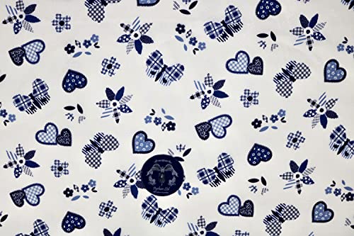Pyrhan Butterfly Patchwork Hearts Patterned Printed Fabric -45 Inch Wide Polycotton Fabric Per Metre- Similar to 100% Cotton - Quilting Fabric Used in Sewing Kits and Accessories.